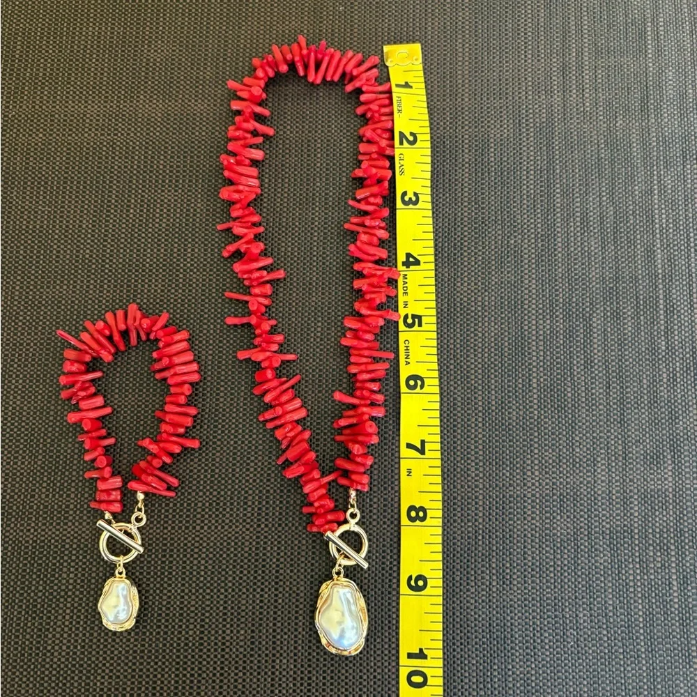 New Red Coral and Gold Faux Pearl Necklace and Bracelet Set - Picture 7 of 15